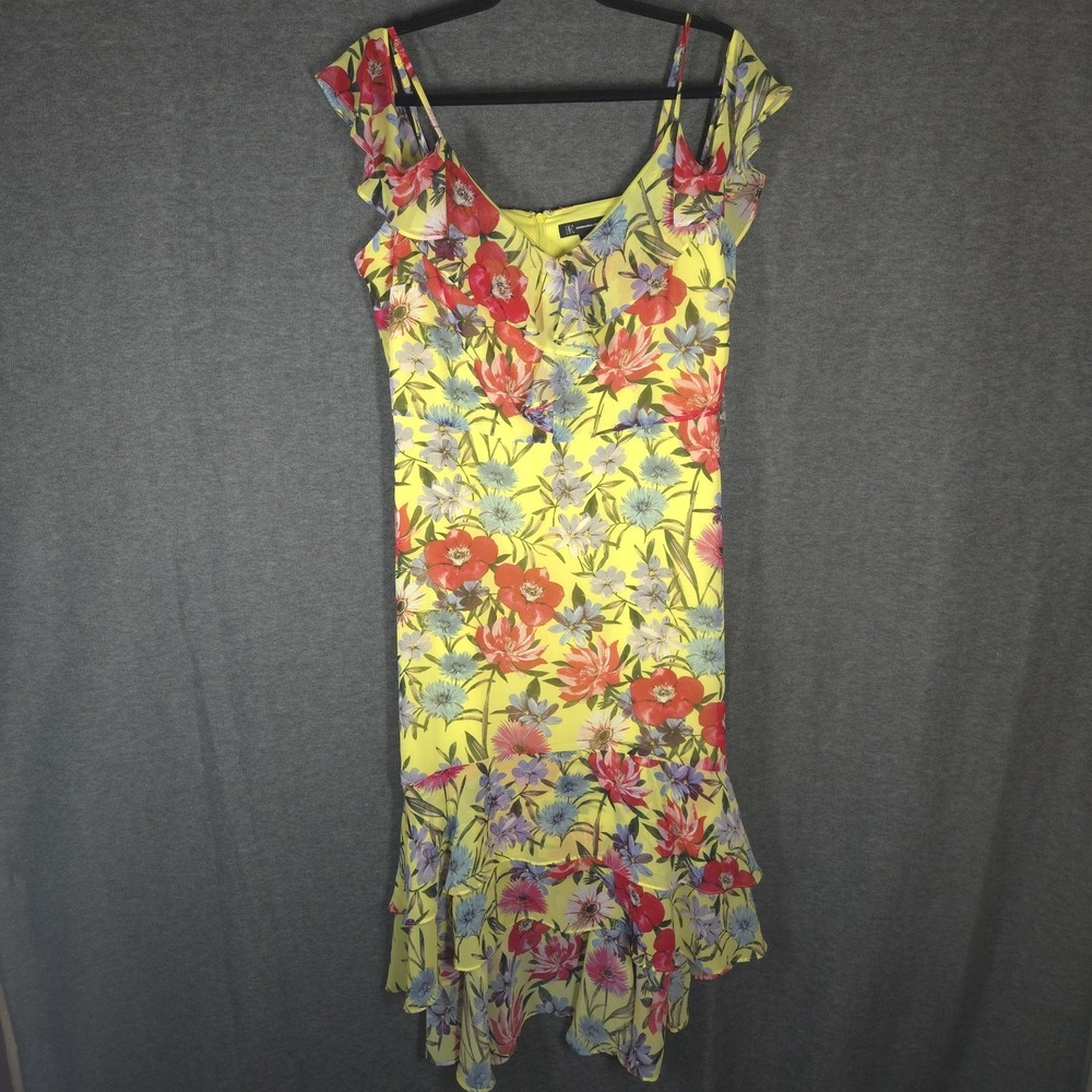 INC International Concepts 14 Floral Sheath Dress Yellow Midi Garden Party